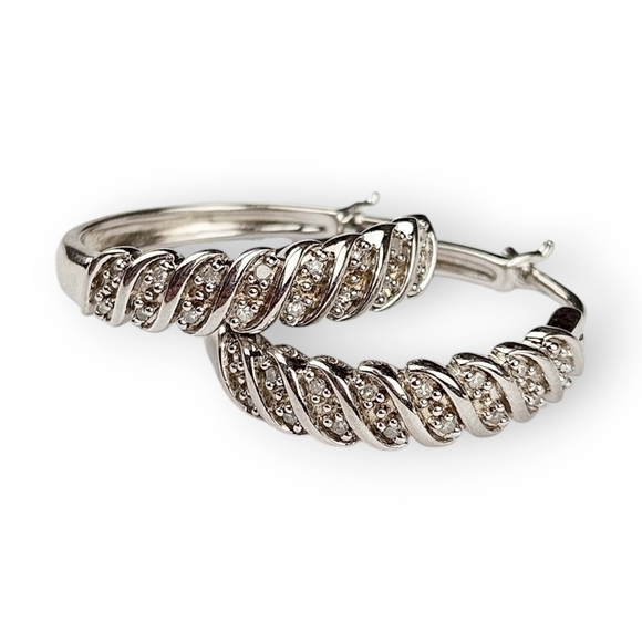 Genuine Diamond Sterling Hoop Earrings Rhodium Plated Sun Source 925 Silver 3/4" - Picture 1 of 10